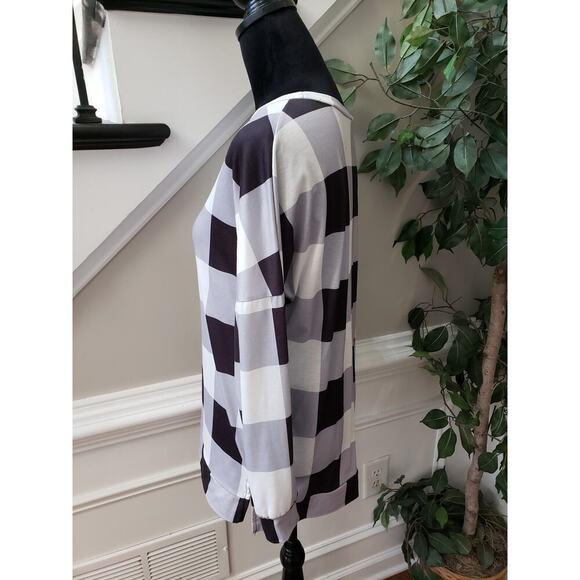 Women's Top Blouse Small Multi Buffalo Check Stretch Long Sleeve Round Neck Slit - Picture 5 of 10